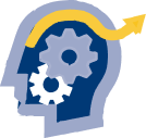 The image shows a stylized silhouette of a head with gears inside, suggesting thinking or innovation, and an arrow indicating progress or growth.