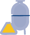 A gray container and a yellow liquid-filled flask are depicted, illustrating a chemistry or industrial lab setting.