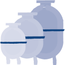 Three large gas tanks of varying sizes are lined up, each with a circular bottom and blue stripes. Simple, stylized design.