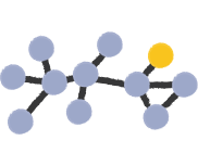Molecular structure with interconnected blue circles and one yellow circle, resembling a chemical compound or formula. No landmarks or historical buildings present.