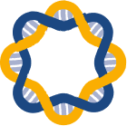 Abstract design featuring interlocking blue and orange shapes with DNA-like elements, forming a circular pattern. No recognizable landmarks or historical buildings present.