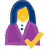 a person with long hair, purple sweater and gold checkmark in the corner