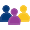 3 people shapes in blue, purple and gold