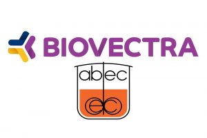 The image features the Biovectra logo in purple and the Abec logo resembling a beaker with orange liquid, emphasizing scientific themes.