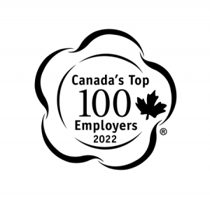 This image features the logo for "Canada's Top 100 Employers 2022," with a stylized maple leaf inside a floral design.