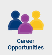 Abstract icons of three people in blue, purple, and yellow represent collaboration. Below, text reads "Career Opportunities" on a light gray background.