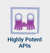 An abstract illustration of a person in purple with raised hands and circular eyes. Text below reads "Highly Potent APIs."