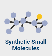A molecular structure with interconnected blue and yellow spheres, labeled "Synthetic Small Molecules," on a light background. No landmarks or buildings visible.