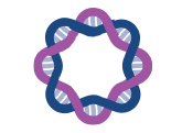 Interlocking blue and purple ribbons form a circular shape with clock motifs. The design is simple, modern, and abstract.
