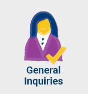 Illustration of a person in purple suit with a yellow checkmark. Text below reads "General Inquiries." No landmarks or historical buildings present.