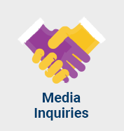 Two colorful hands shaking over the text "Media Inquiries" on a gray background. Symbolizes communication and collaboration.