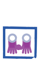 Colorful cartoon monster with purple arms and large eyes, framed in blue. Background is plain, emphasizing the playful design.