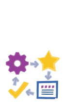 A colorful diagram with a gear, star, check mark, and calendar, connected by arrows, representing a process or workflow concept.