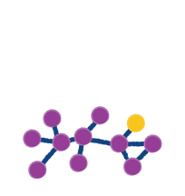 A molecular structure with purple and yellow atoms connected by blue bonds, resembling a chemical diagram on a white background.