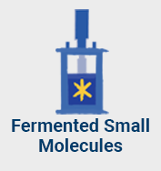 Illustration of a fermentation apparatus with a yellow star inside. Text below reads "Fermented Small Molecules" on a white background.