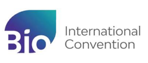 Logo for Bio International Convention with a blue gradient design, showcasing the event's name in modern, gray typography next to "Bio" text.