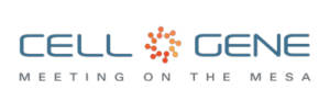 Logo for "Cell & Gene Meeting on the Mesa" featuring a molecular design element in orange, symbolizing a focus on biotechnology and science.