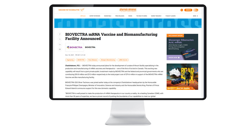 An announcement about a new BIOMAN VFRC facility for mRNA vaccines. The webpage includes articles, images, and subscription options on a computer screen.