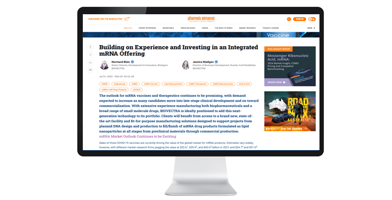 A computer screen displays an online article titled "Building on Experience and Investing in an Integrated mRNA Offering" on Pharma's Almanac website.