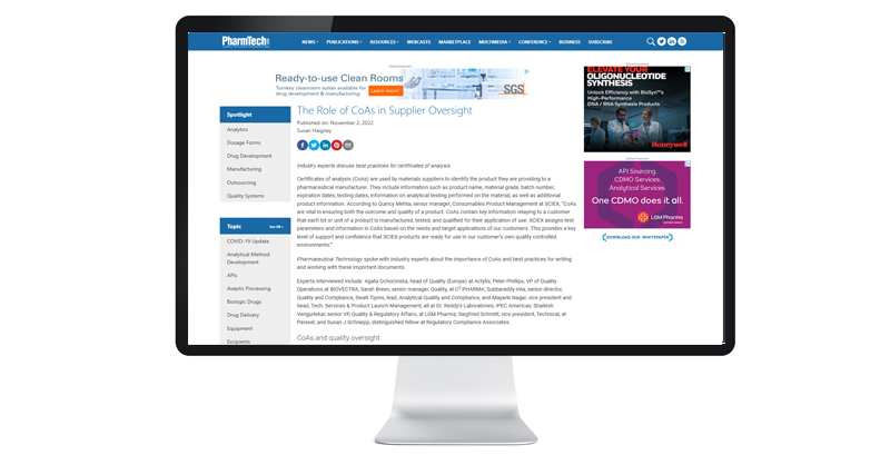 A computer screen displays an article from PharmaTech about the role of Certificates of Analysis in supplier oversight, with highlighted text and advertisements.
