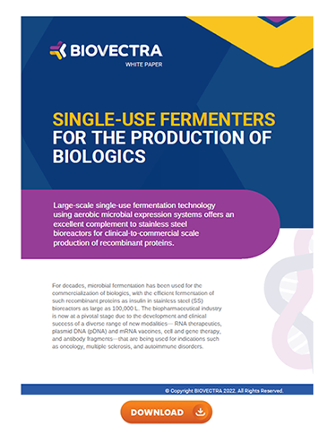 A white paper cover on single-use fermenters for biologics production. Features bold text, colorful design elements, and a "Download" button at the bottom.