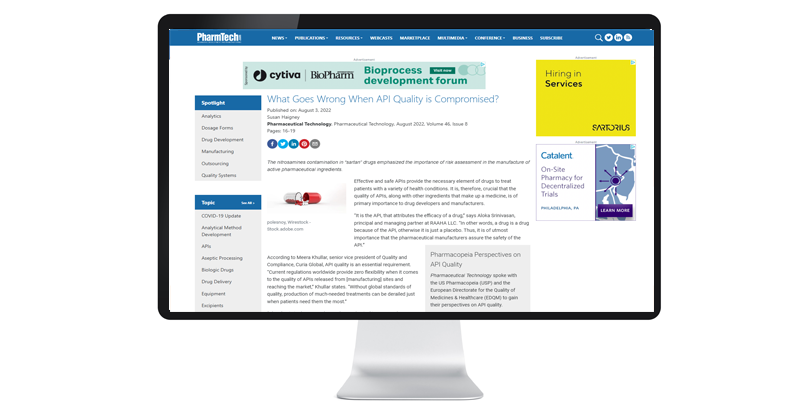 Computer monitor displaying a Pharmaceutical Technology article. Topics include API quality, analytical methods, and manufacturing. Features logos and a yellow hiring ad.