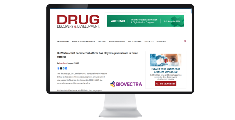 A computer screen displays a webpage from Drug Discovery & Development featuring an article about a company's chief commercial officer's role in success.