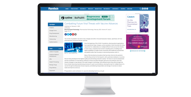A computer monitor displays an article on combating viral threats with vaccine advances, featuring related images and links, on the Pharmaceutical Technology website.