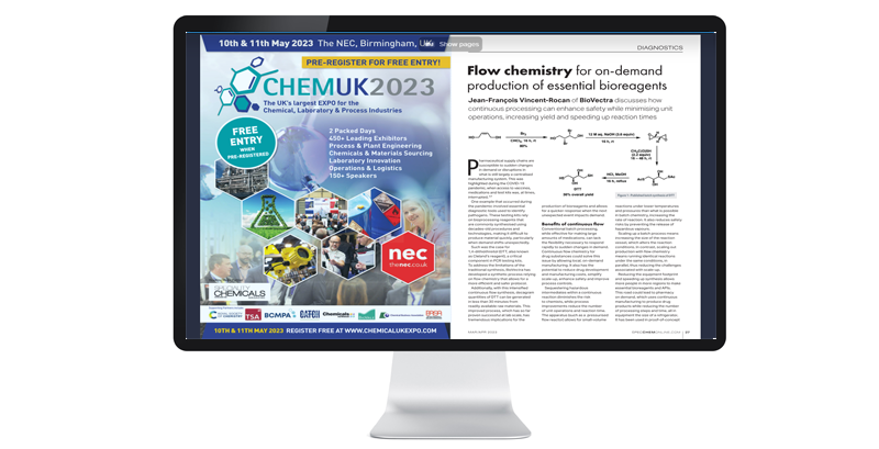 A computer screen displays information about CHEMUK 2023 at the NEC Birmingham, including images of scientific activities, related text, and a chemistry article.