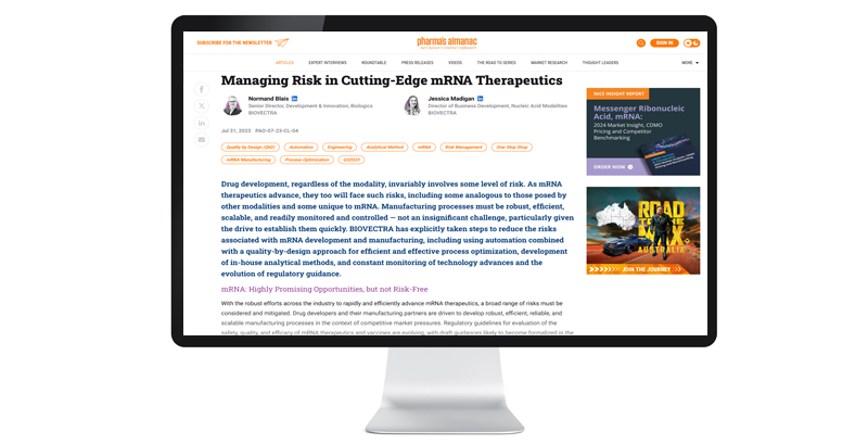 Computer monitor displaying an article titled "Managing Risk in Cutting-Edge mRNA Therapeutics" with images and text related to pharmaceutical topics.