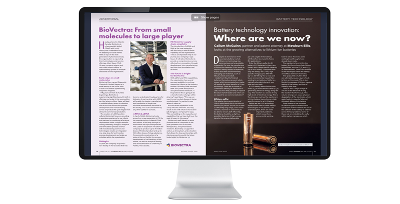 A computer screen displays an article about BioVectra's growth and battery technology innovations, featuring a person and images of batteries.