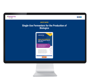 A computer screen displaying a white paper titled "Single-Use Fermenters for the Production of Biologics" with a prominent blue background.