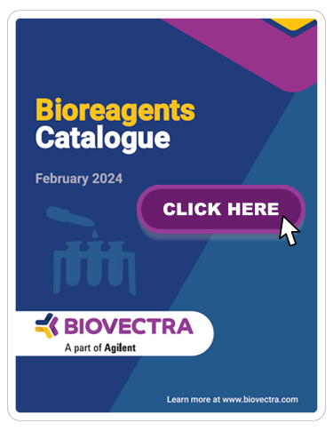The image is a cover for the "Bioreagents Catalogue" by Biovectra, featuring a test tube graphic, "February 2024," and "Click Here" button.
