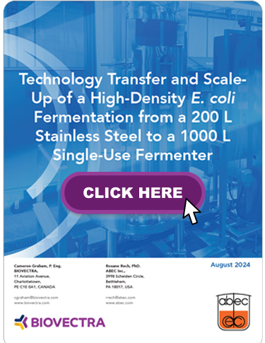Technology transfer advertisement featuring E. coli fermentation process. Includes company logos, contact details, and a clickable button against an industrial background.