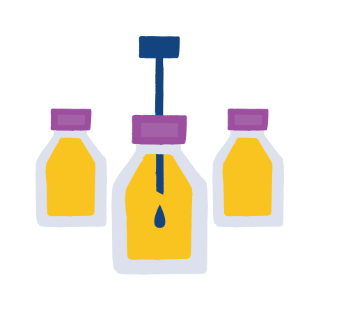 Three yellow jars with purple lids are illustrated, featuring a central jar being filled with a blue drop from above. Simple and colorful design.