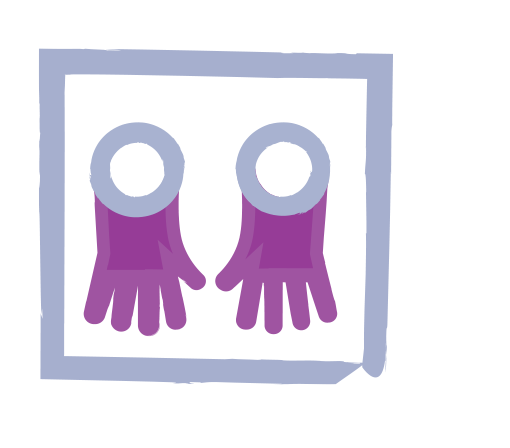 Illustration of two purple gloves inside a square, with circular openings at the top, resembling a simple, stylized design.